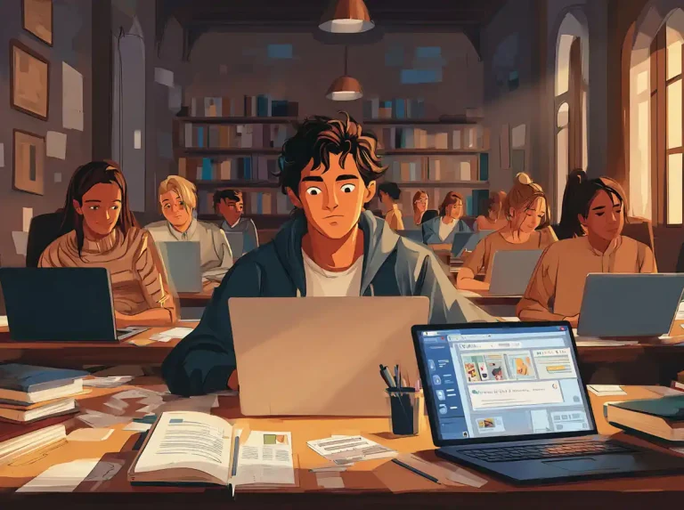 Several students work at a shared library table using laptops to learn languages.