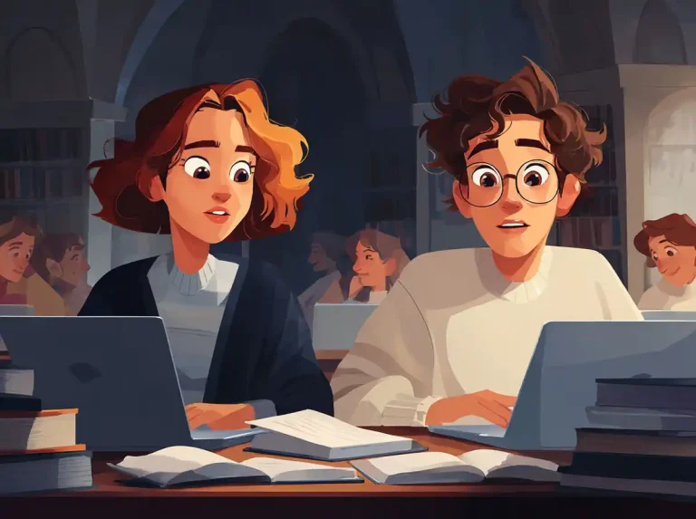 Two students look with surprise at their laptop screens while learning languages in a library.