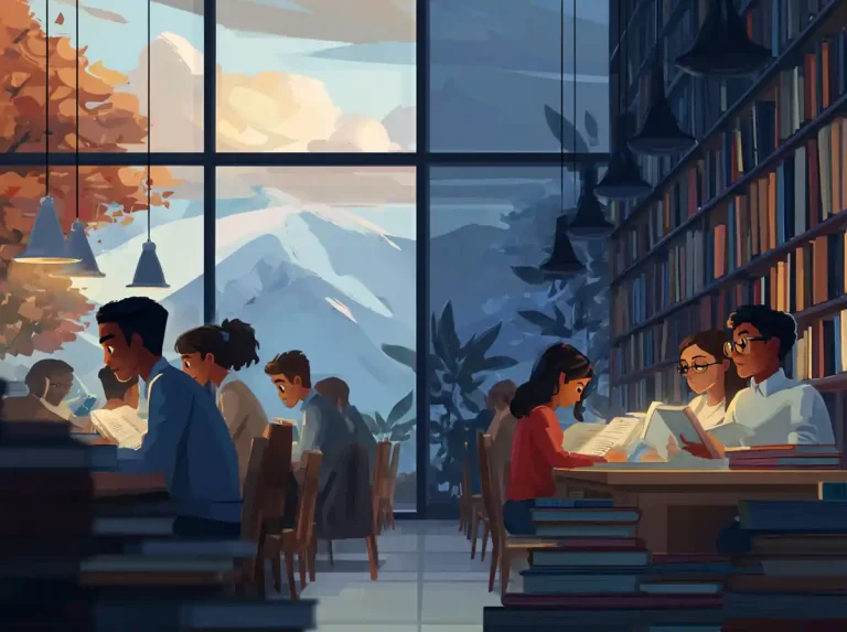 Students sit at a shared desk while learning languages in a library with a scenic mountain view outside.