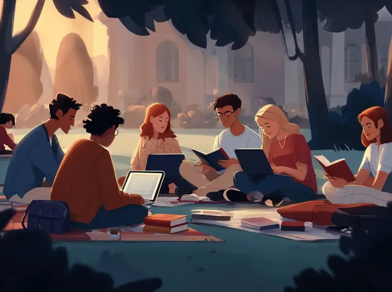 A study group sits on a blanket in a shaded park area while learning languages with laptops and books.