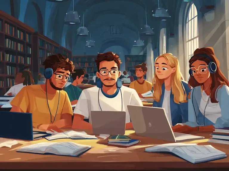 Two students wear headphones while learning languages together in a library setting.