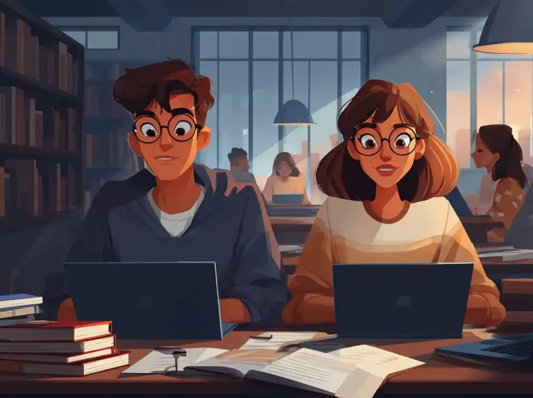 Two students look at their computer screens with wide eyes while learning languages.