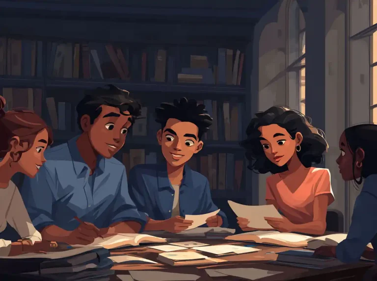 Five students sit together at a library table at night for the purpose of learning languages.