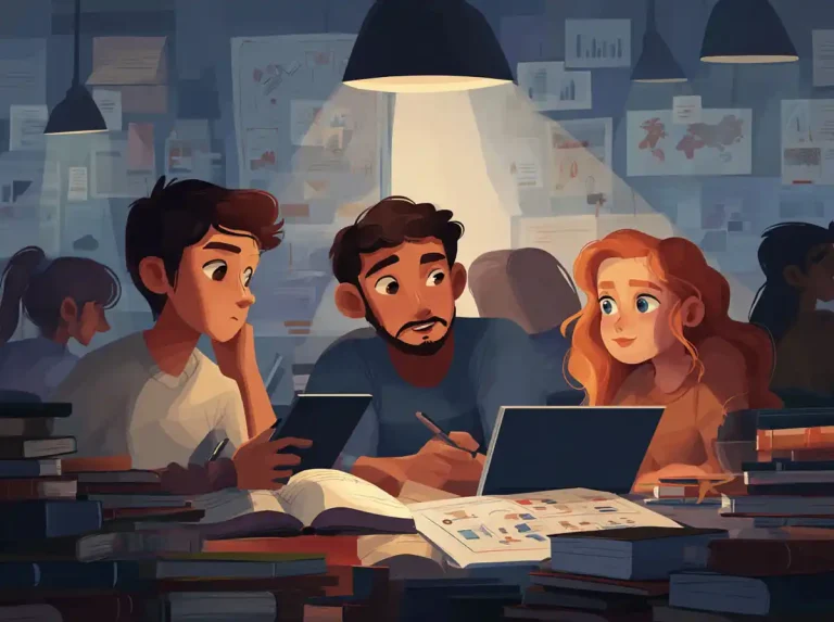 Warm study lamps are lit while three students work at a laptop for learning languages.