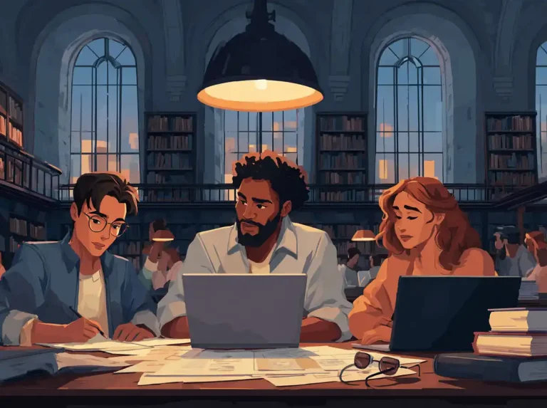 Students study under bright lamps while learning languages at a large library table.