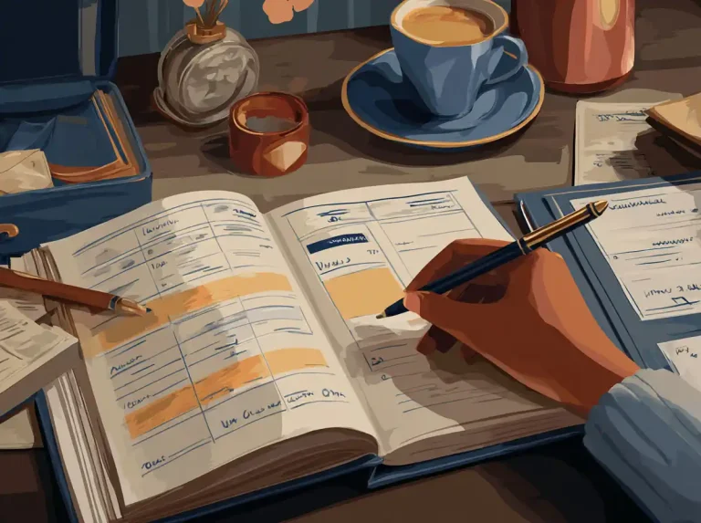 A close-up view of a person taking notes in a workbook for learning languages at a wooden desk.