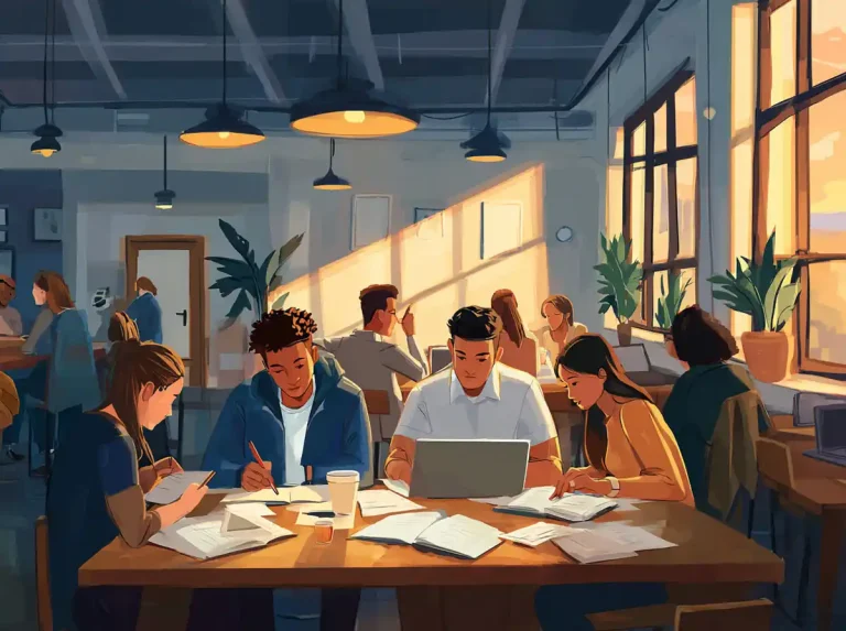 Study notes are taken by students as they collaborate for learning languages in a warm cafe setting.