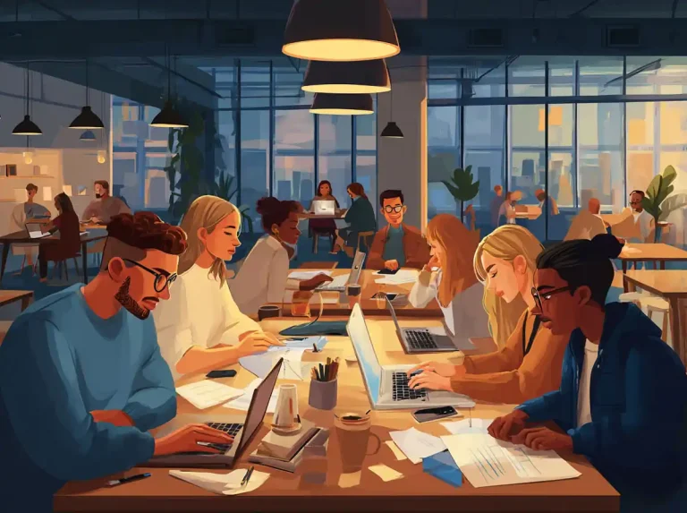 Study textbooks are read by diverse students sitting at desks in a large library hall for learning languages.