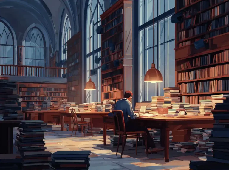 A man sits at a library desk surrounded by piles of books for the purpose of learning languages.