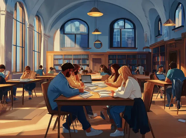 Students at a library studying and learning languages with textbooks and laptops.