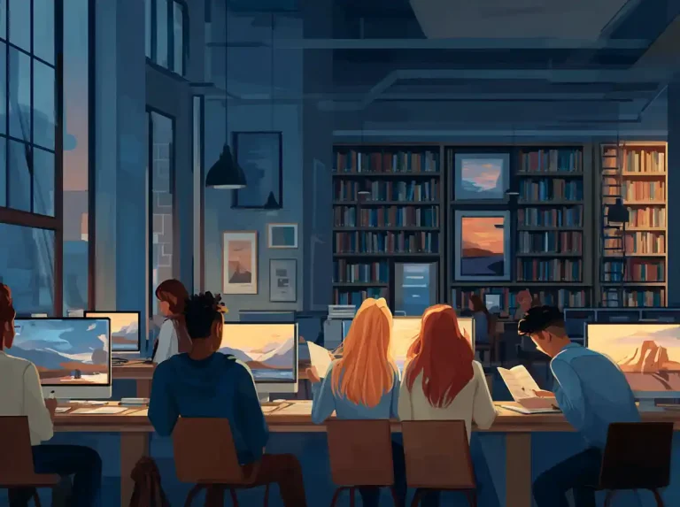 Students sit at partitioned desks with laptops and workbooks for learning languages in a sunlit library.