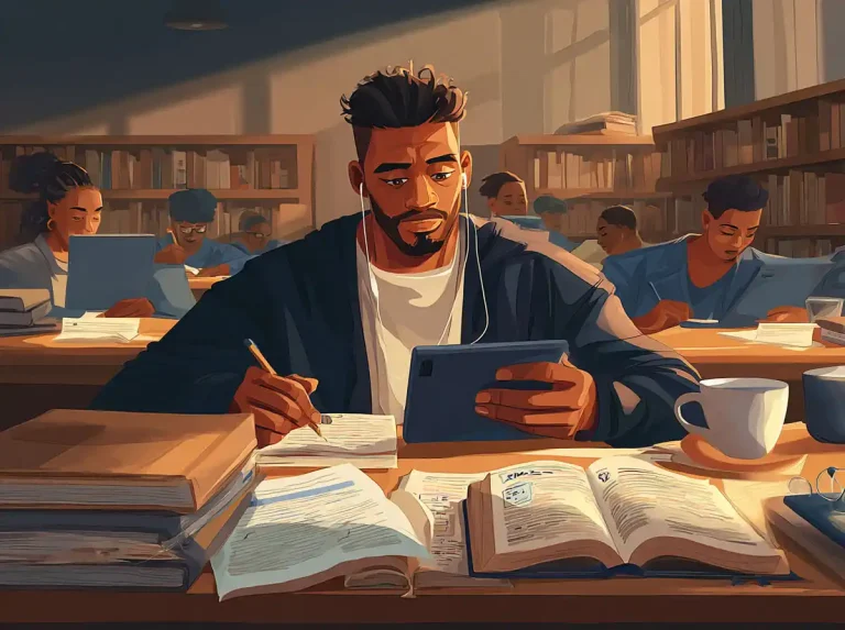 A student uses a tablet and stylus to take notes while learning languages in a bright study hall.