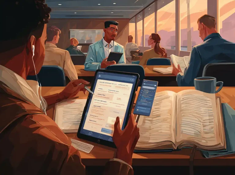 An overhead view of hands using a stylus and tablet while learning languages at a busy desk.