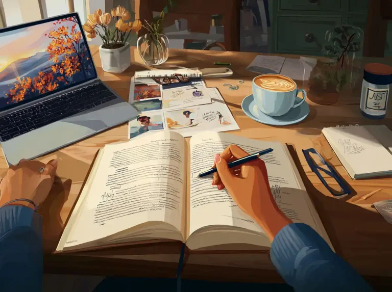 A person writes notes in a journal while learning languages at a sunny wooden desk.