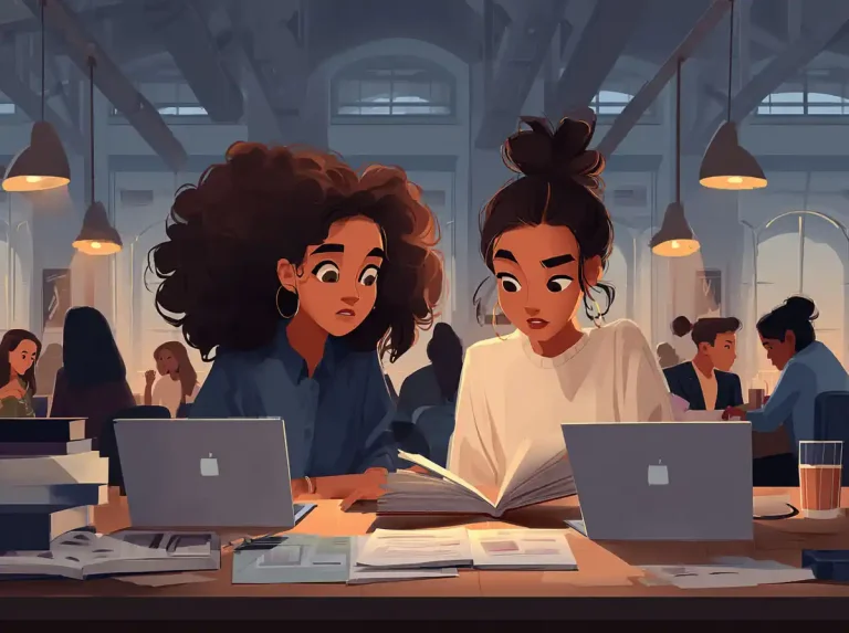 An open textbook is read by two surprised women while learning languages in a library.