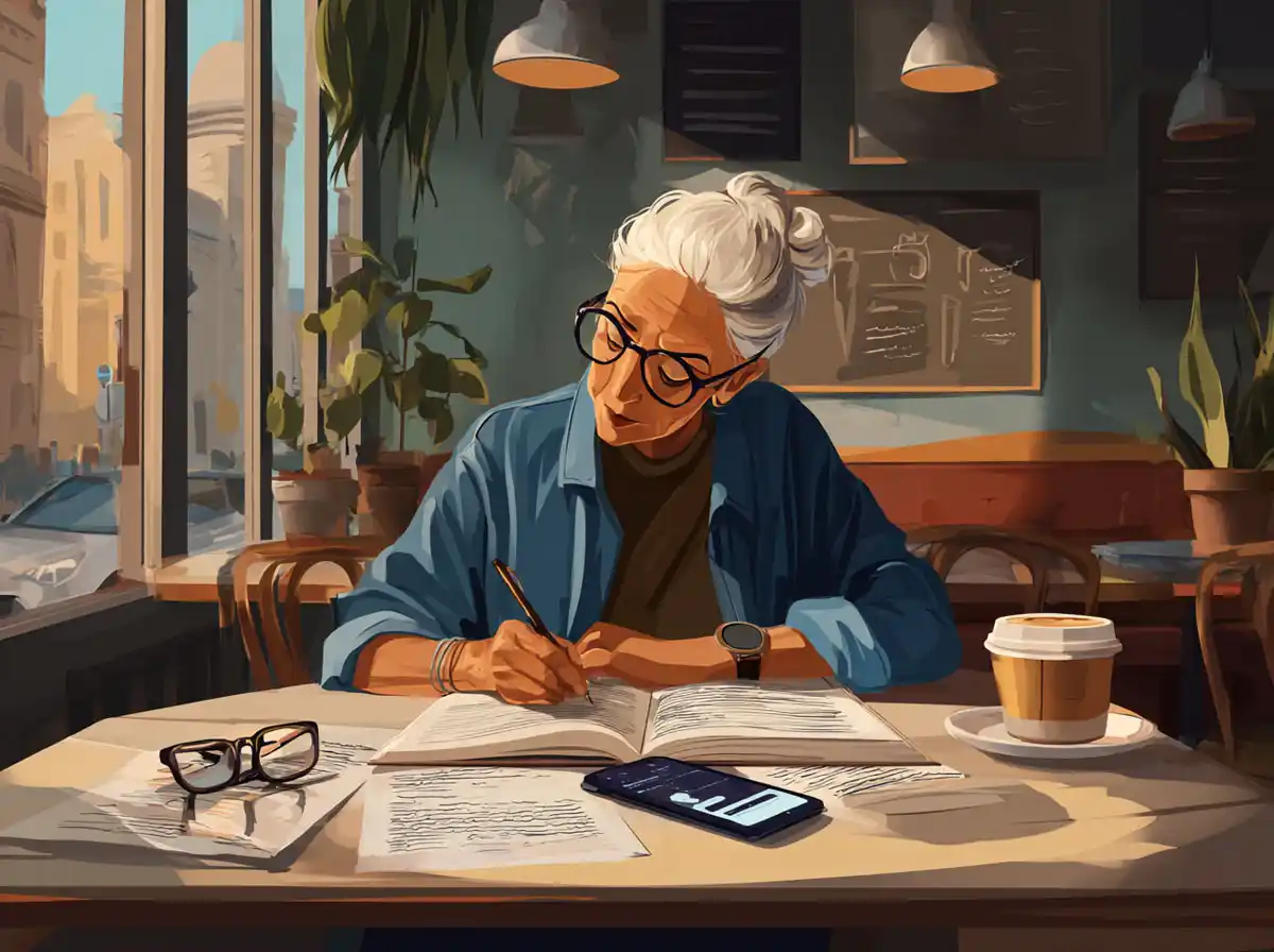 A focused woman sits at a cafe table and takes notes in a workbook for learning languages during the day.