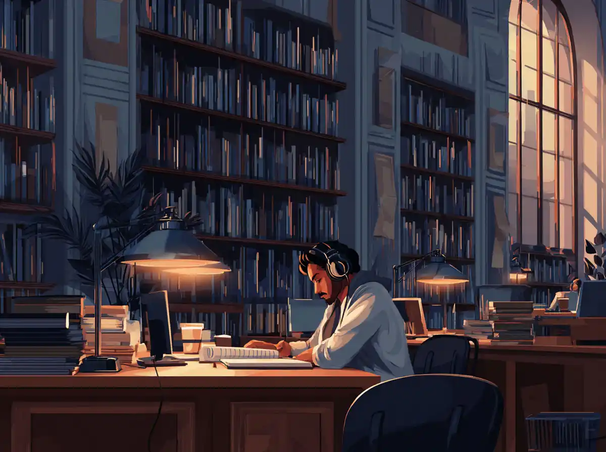 A man wearing headphones sits at a desk to learn languages in a vast, dark library hall.