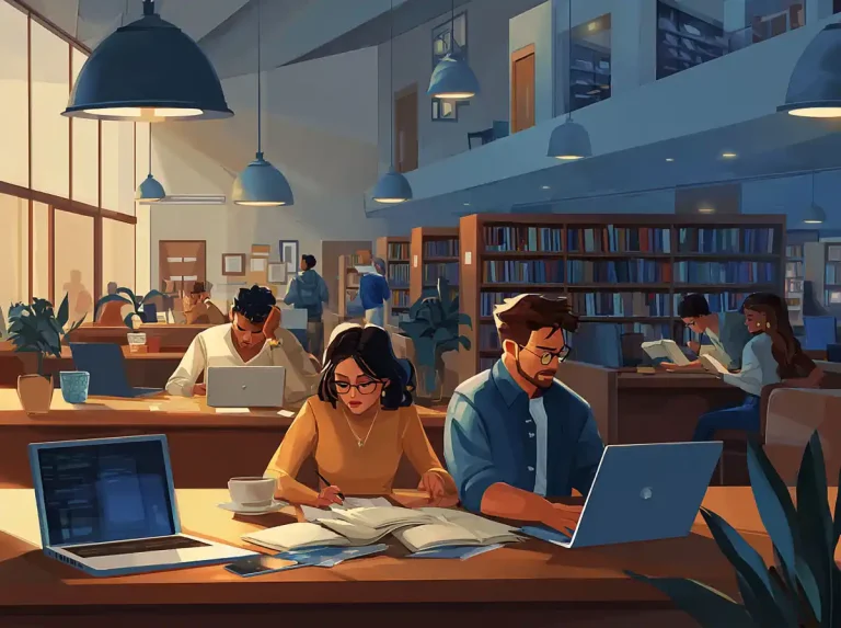 Students in a bright, modern library use laptops and workbooks for learning languages at large wooden tables.