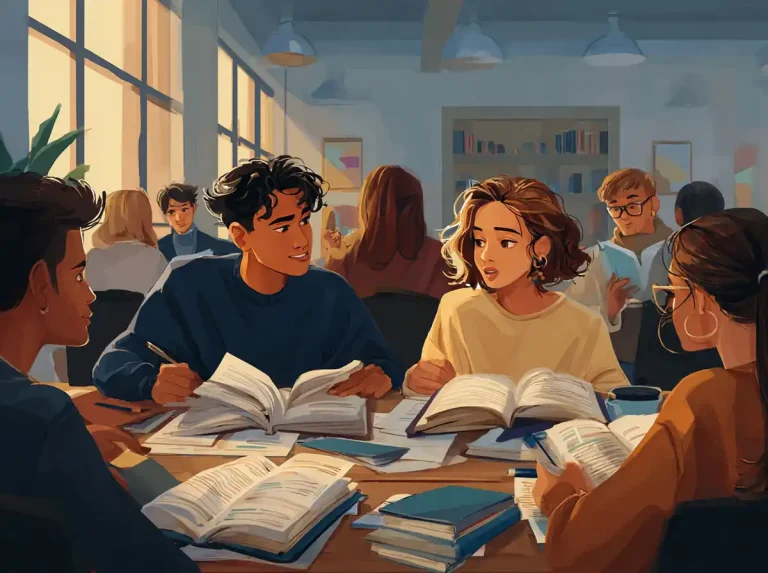 Textbooks are studied by students at separate desks in a grand hall while learning languages.