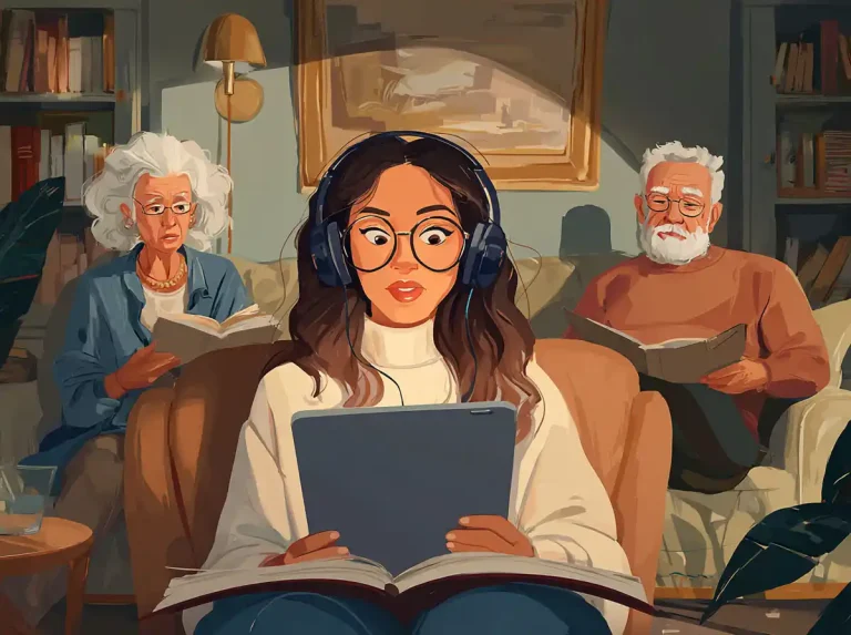 A young woman and two seniors sit in a living room while learning languages from books and tablets.