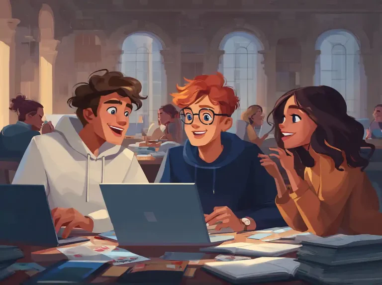 Three students focus on a laptop and open books while learning languages together.