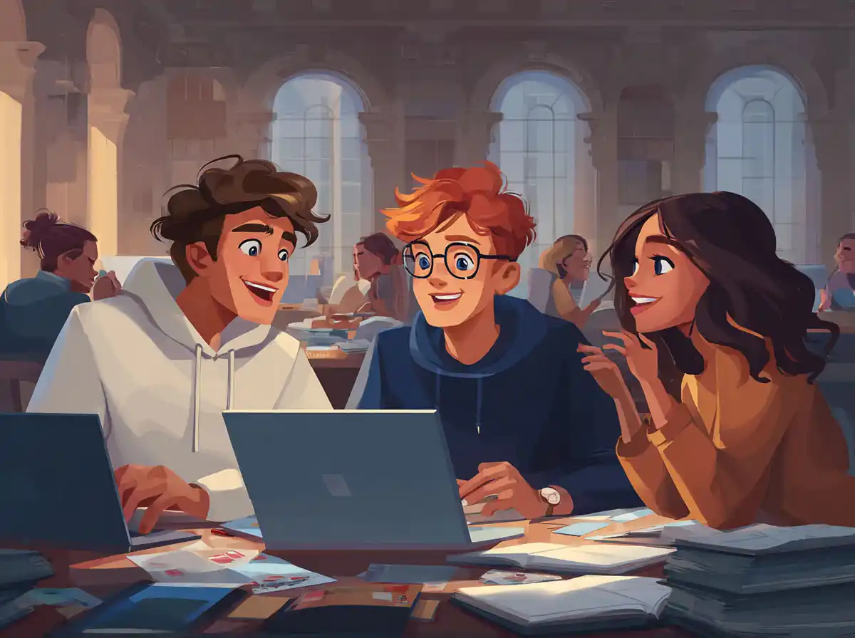 Three students focus on a laptop and open books while learning languages together.