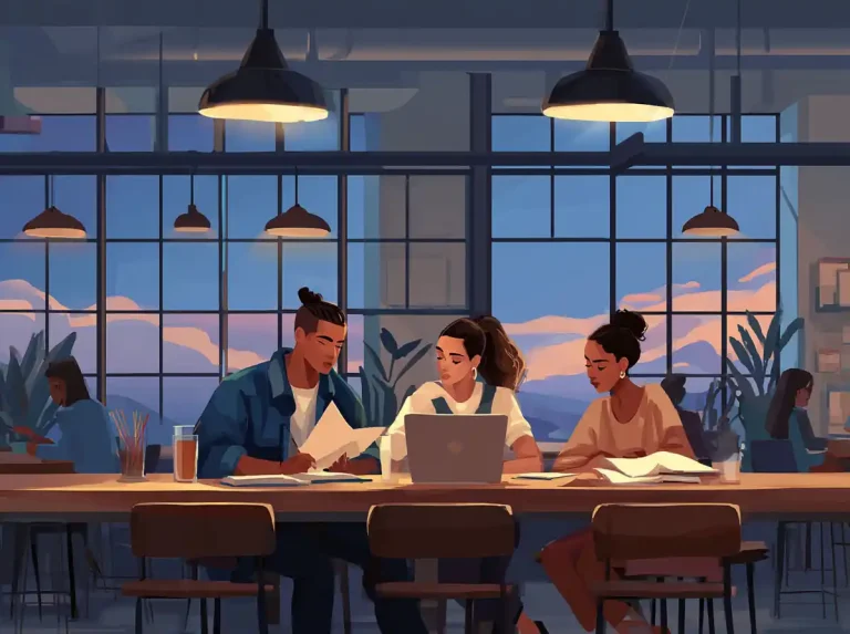 Three students sit together at a table and use a laptop for learning languages.