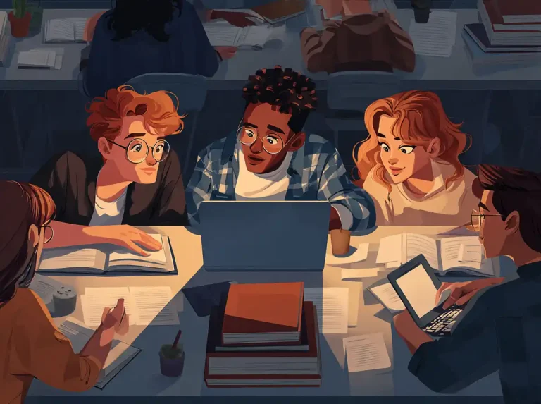 Three students sit at a library table covered in books while learning languages.