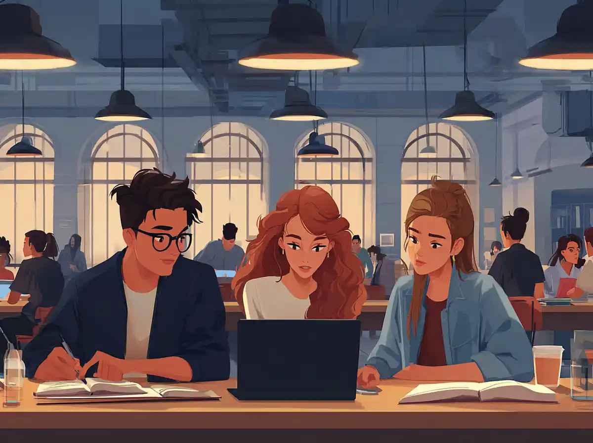 Three people sit at a long table during sunset while learning languages on a laptop.