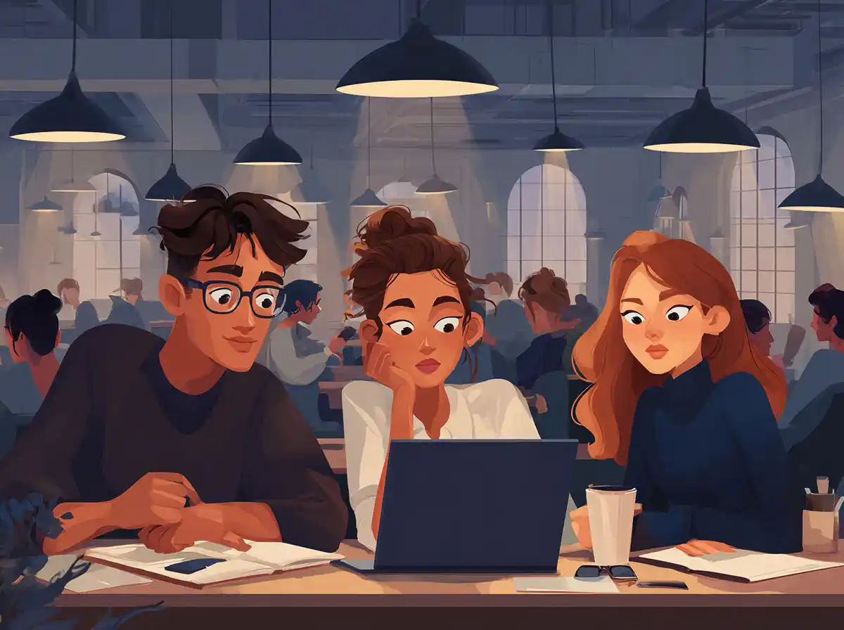 Three people look at a laptop screen together while learning languages in a busy cafe.