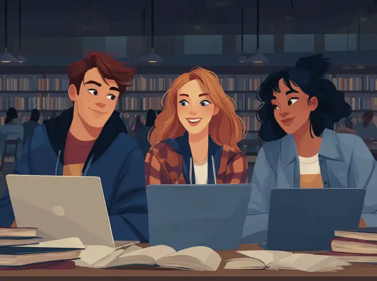 Three students smile and talk while sitting at a table with laptops to learn languages in a library.