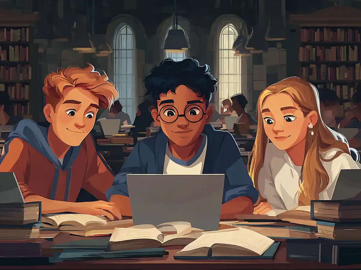 Three people look at a laptop screen in front of library bookshelves while learning languages.