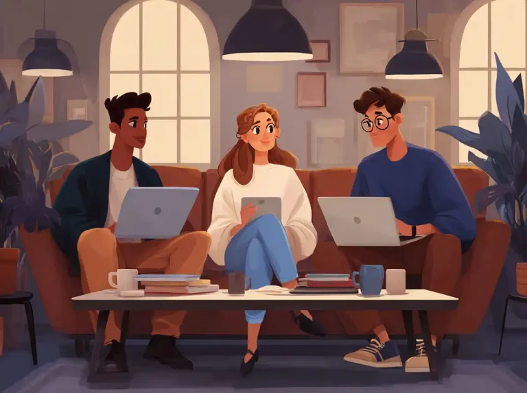 Three students sit on a brown couch with laptops and books for learning languages.