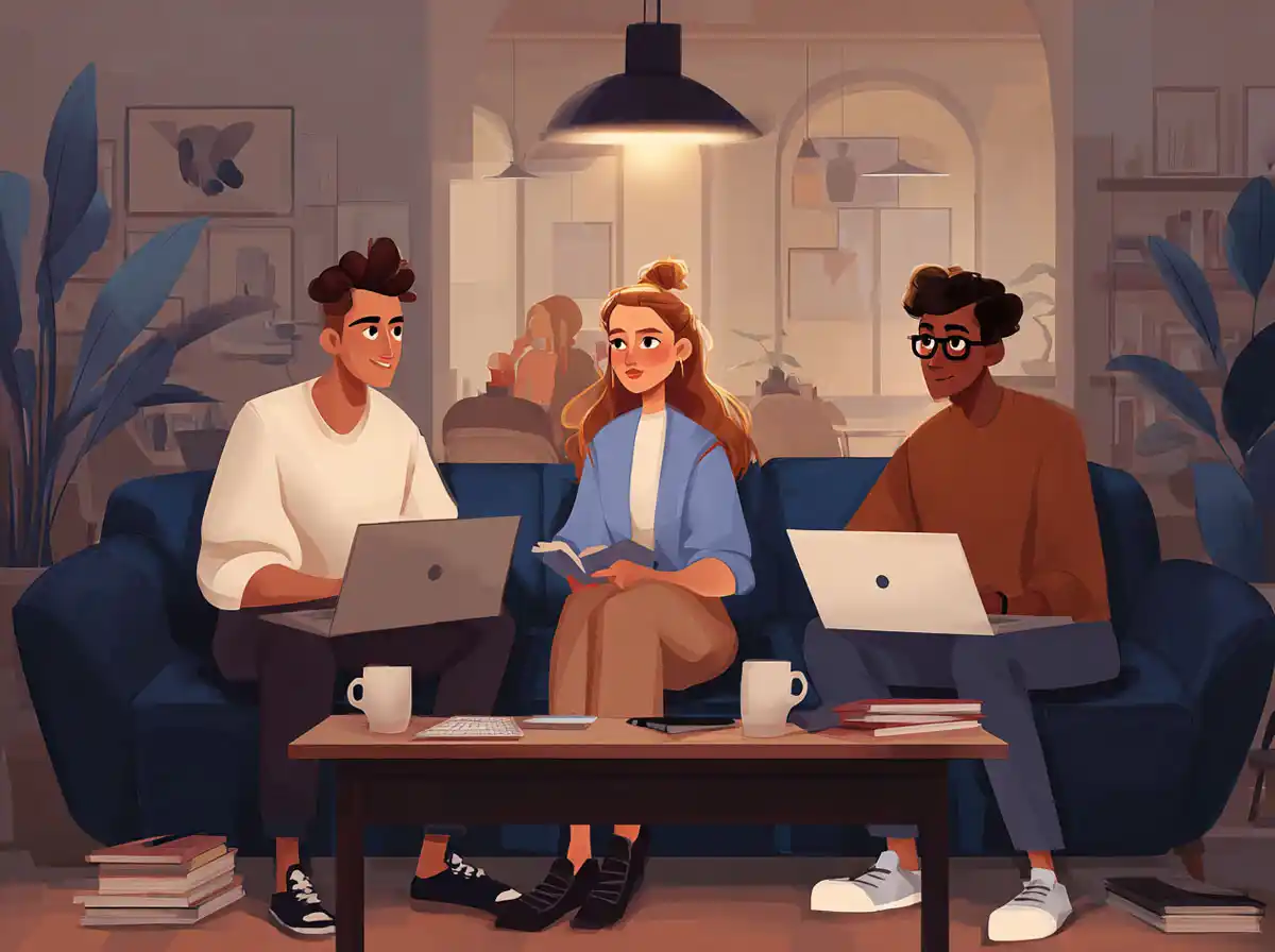 Three people sit on a blue sofa with laptops and coffee mugs while learning languages in a lounge.