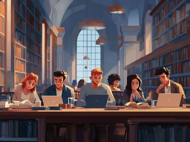 Three people study together at a library table with notebooks and a laptop for learning languages.