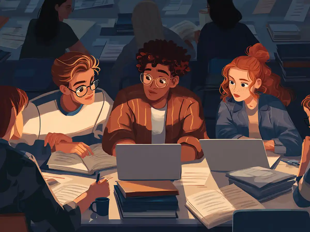 Three students look at a laptop screen in a library while focused on learning languages.