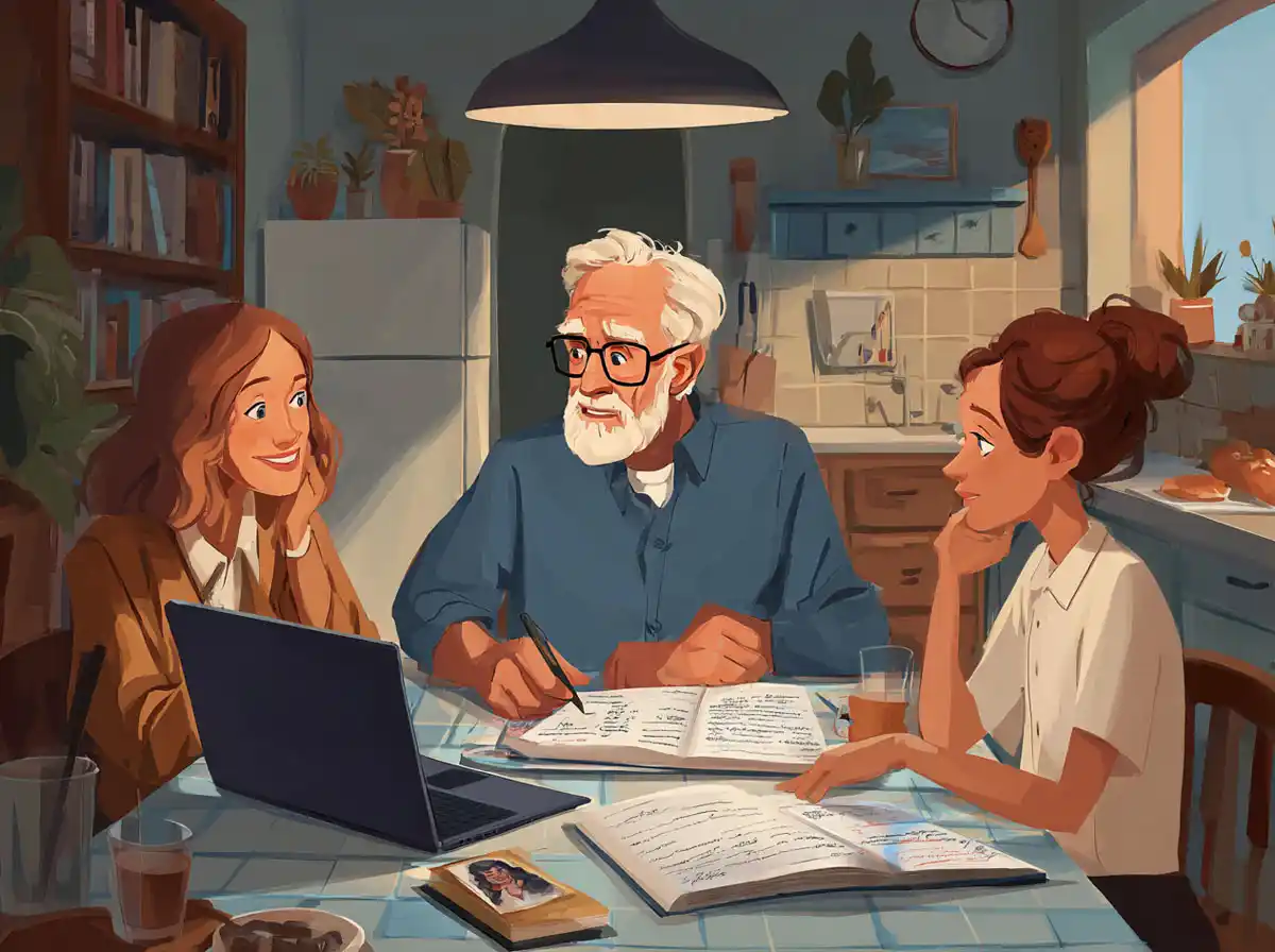 Three people sit together at a kitchen table while learning languages and sharing a laptop computer.