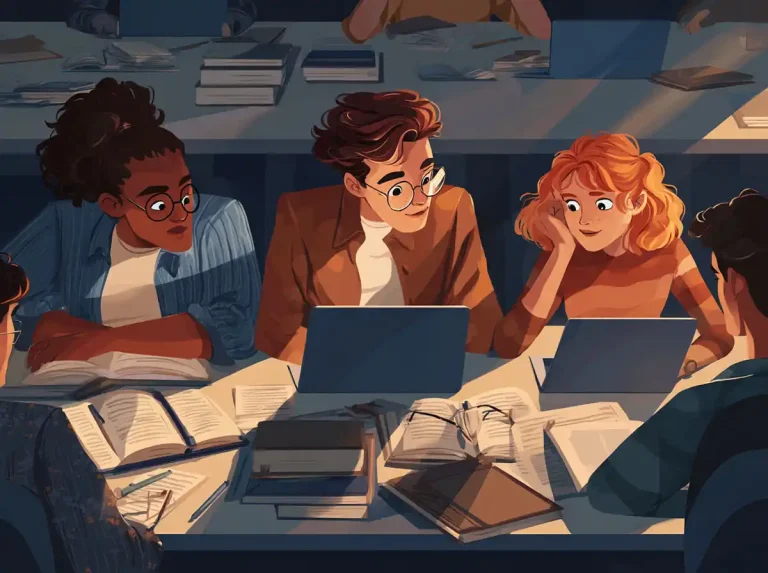 Three students smile and talk while using laptops and books to learn languages.