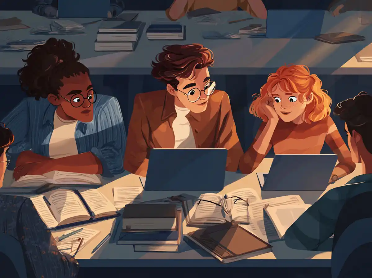 Three students smile and talk while using laptops and books to learn languages.