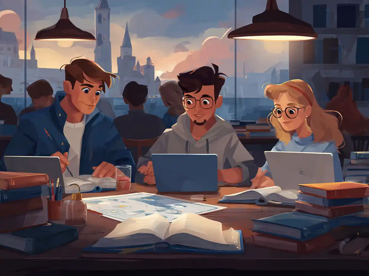 Three young people sit at a table with laptops while focused on learning languages in a quiet cafe.