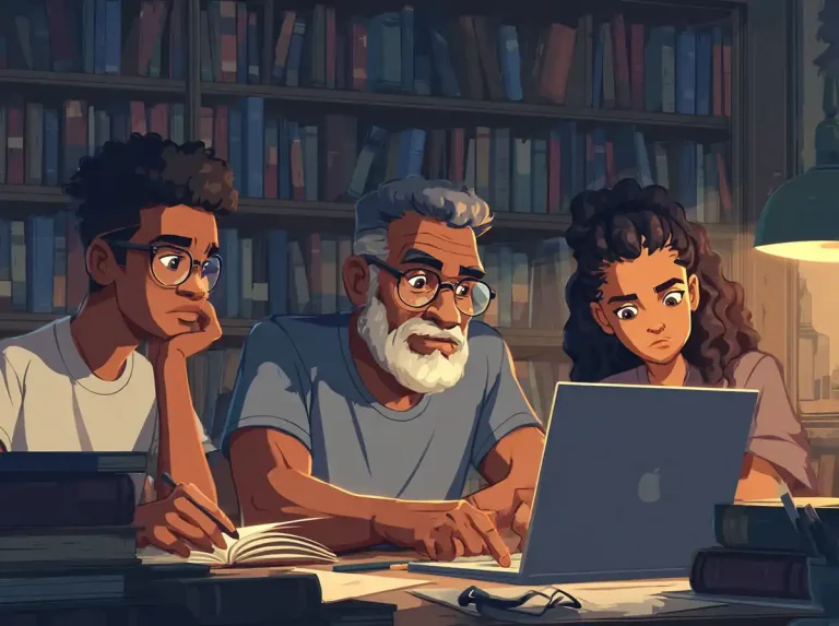 An older man and two students look at a laptop screen together for learning languages.