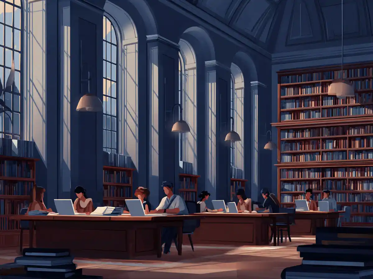 Three students look at their laptops and books while learning languages together in a library.