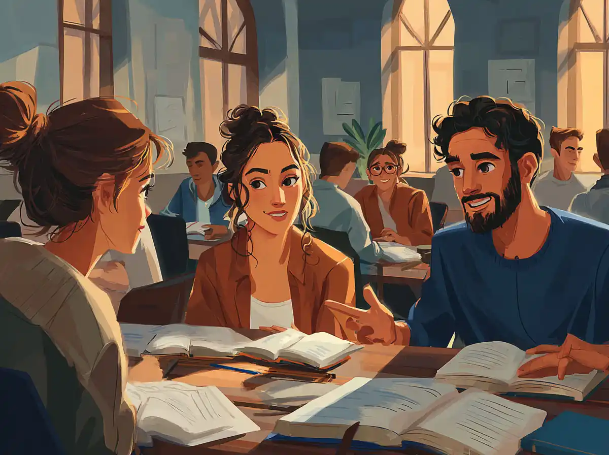 Open books are read by students sitting at a long library table while learning languages.