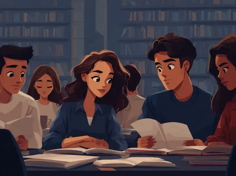 Three students look closely at one textbook while learning languages at a table in a library.