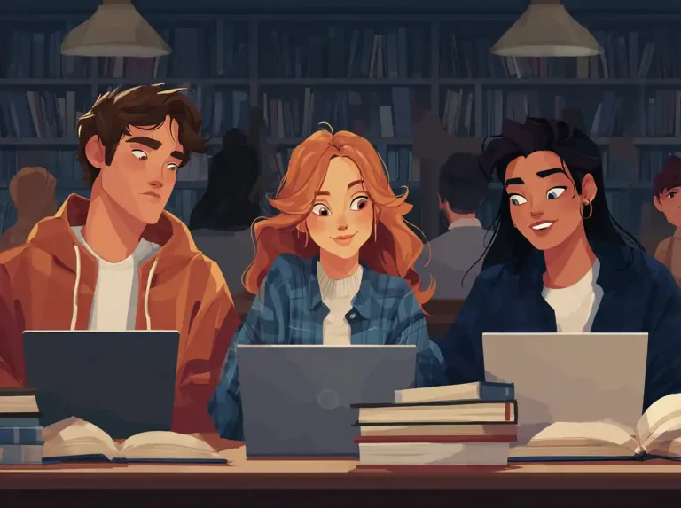 Three students smile while looking at their laptops and notebooks for learning languages.