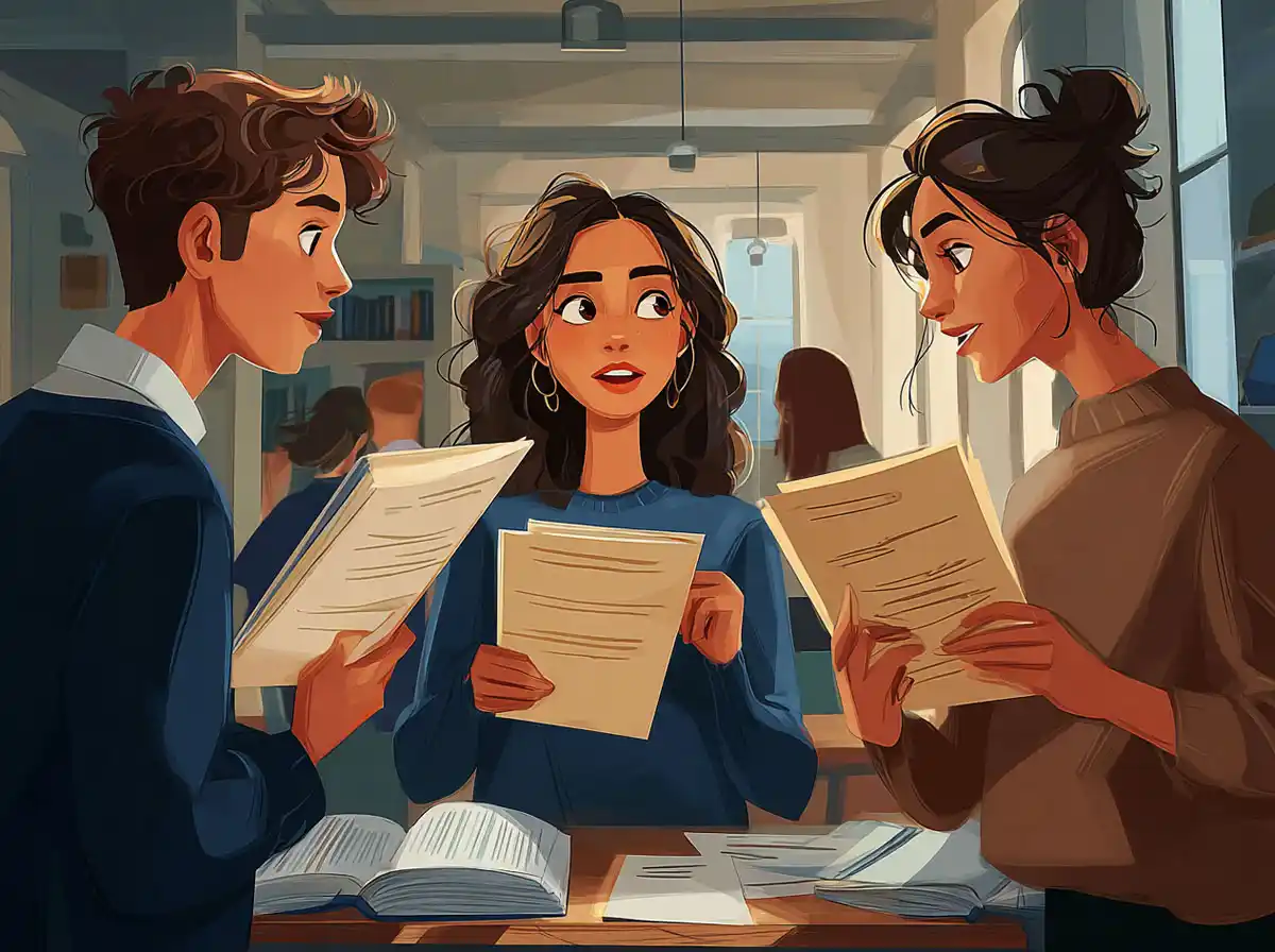 Students gather around printed worksheets for learning languages in a bright library environment.