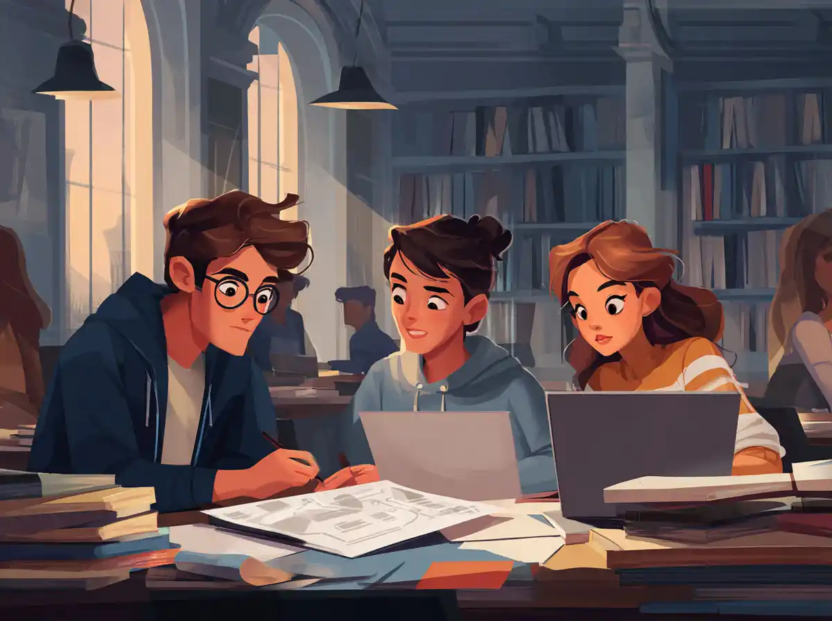 A trio of students manages multiple laptops and papers while focused on learning languages.