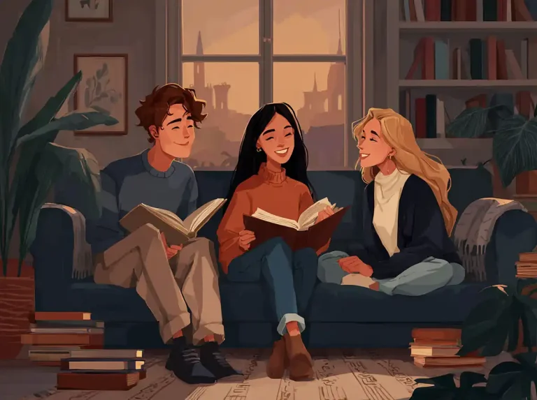 Three students study textbooks together while learning languages in a cozy room.