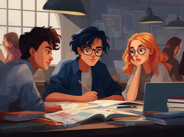 Three students review their written notes and a laptop for learning languages at a messy desk.