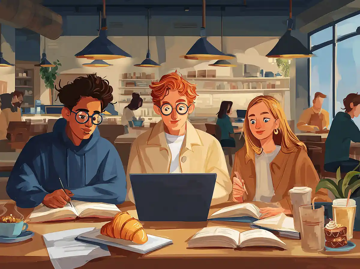 Three students use a laptop and notebooks at a café table while learning languages together.